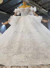 White Tulle Sequins Pearls Beading Wedding Dress